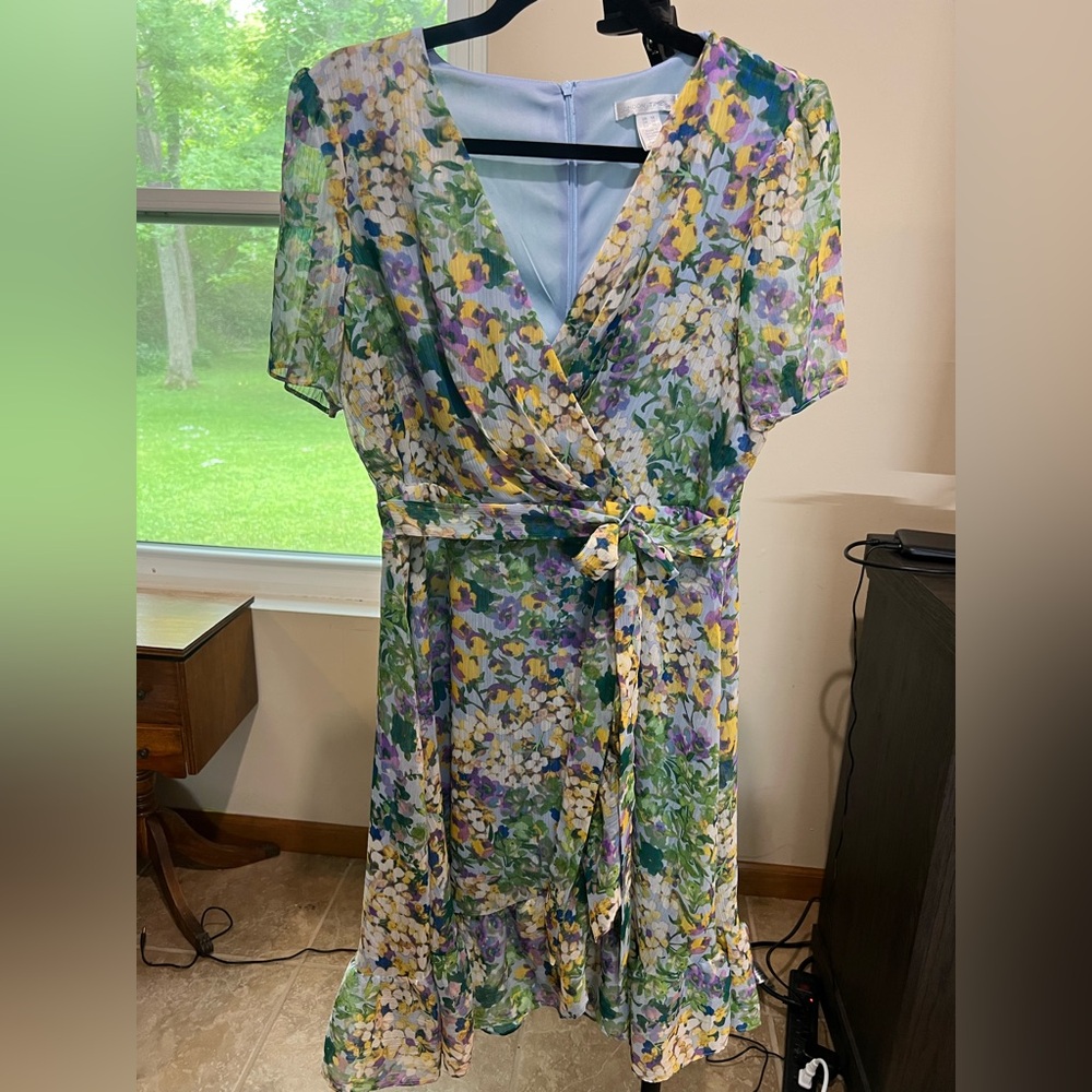 London Times Floral Wrap Mini Dress - Yellow, Green, Purple